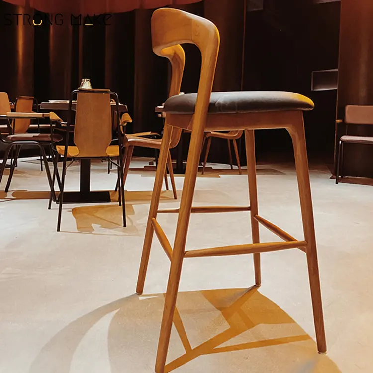 Nordic Luxury Modern Leather Seat Wooden Bar High Chair Kitchen Dining Barstool Counter Height Bar Stool For Restaurant