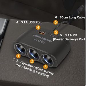 Chargeur de voiture multifonctionnel mains libres 5-en-1 avec câble de 60 cm, 3 ports USB Type C PD à charge rapide, compatible 12V/24V – Le meilleur choix - Product Image 2