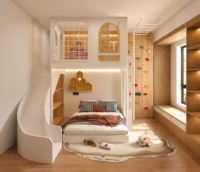 Lit mezzanine enfant en bois moderne sur mesure avec toboggan, mur d'escalade, fonctions de sécurité et rangement pour chambre de garçon