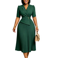 Robe Blazer Bleu Clair pour Femme, Manches Courtes, Col Revers, Plissée, Longueur Midi, Formelle, pour le Bureau, Vente en Gros