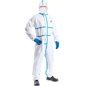 透气连帽蓝色线条胶带化学一次性连体裤SF安全微孔防护PPE整体覆盖