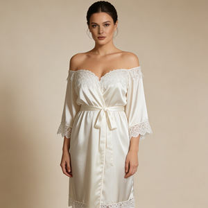 2026 Luxury Ivory Satin Robe with <b>Lace</b> Detailing Elegant <b>Off</b> <b>Shoulder</b> Nightwear for women's loungewear robe - Product Image 1