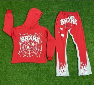 OEM toptan yüksek kaliteli pamuk ağır Hoodie setleri özel Logo puf baskı Sweatpants ve Hoodie setleri