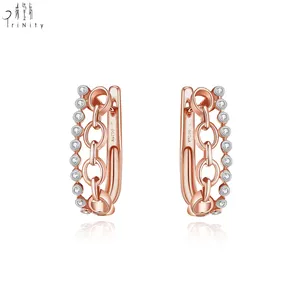 Modern stil Vintage takı 18K katı Rose Gold gerçek doğal elmas Hoop küpe seti kadınlar için