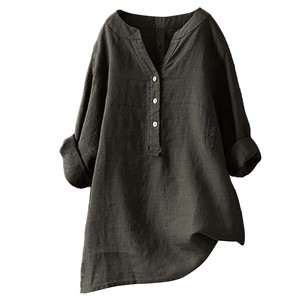 Camicia da donna in lino tinta unita con bottoni, scollo a V, maniche lunghe, casual, con tasche, 21 colori disponibili, taglie dalla S alla XXXXL Plus Size - Product Image 4