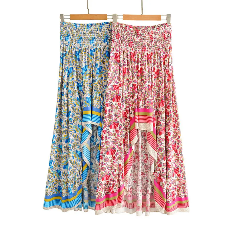 Summer Latest Design Fashion Bohemian Style Beach Holiday Floral Printed Pleated Irregular High Waist Skirt