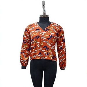 Women's Orange Horse Print Chiffon Blouse V-Neck Full Sleeve Crop Top Casual Spring Summer Wear - Product Image 1