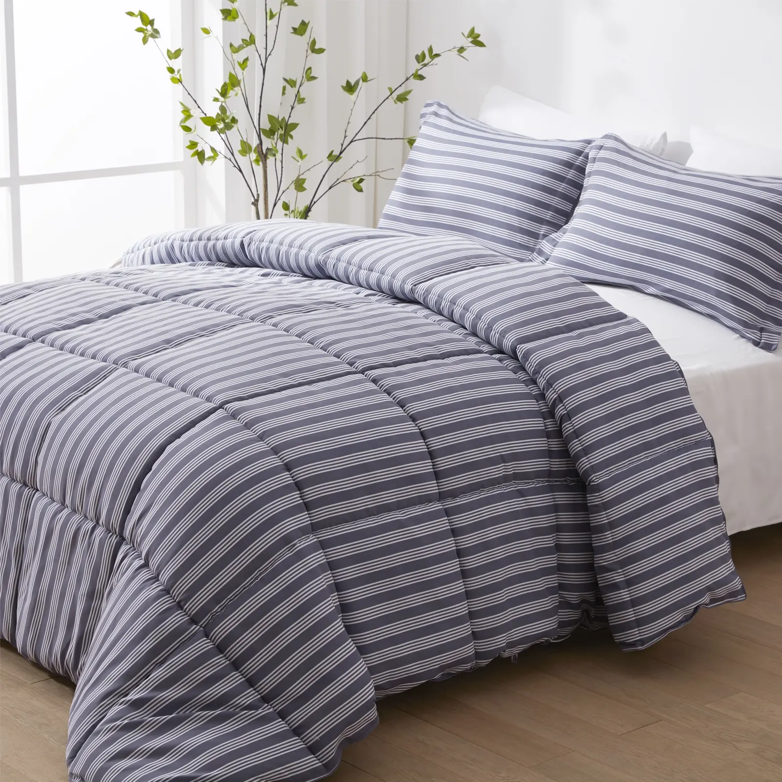 Reversible 1 Comforter Và 2 Gối Shams In Sọc Thiết Kế 100% Polyester Microfiber Comforter