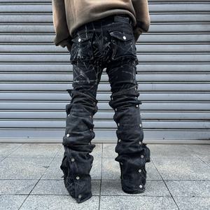 جينز مخصص جودة عالية هوممي متوهج الصين بالجملة كومة متعددة الأحماض غسل فضفاض الرجال الشارع الجينز الأسود - Product Image 2