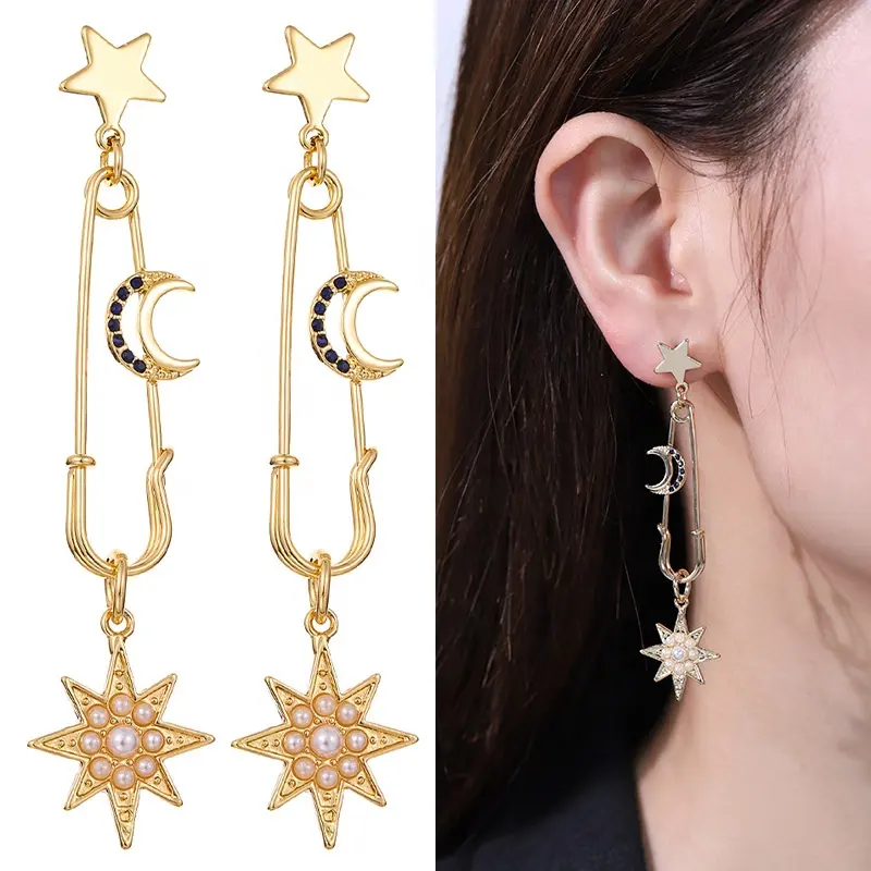 Brincos de liga de joia longos femininos personalizados da moda com corrente de brincos de estrela e brincos finos banhados a ouro