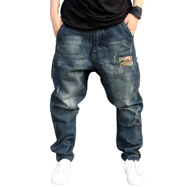 Men's Dark Distressed Denim Jeans Eco-Friendly Breathable Mid Waist Luxury Street Style Plus Size Tapered Pants Patches Design
