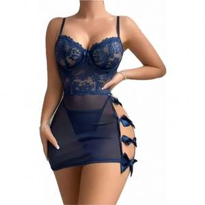 H3967 Vestido Babydoll Sexy con Encaje en Contraste, Lencería Picante para Chicas, Conjunto de Lencería con Sujetador Push-Up y Camisón de Malla - Product Image 4