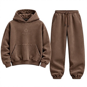 Ensemble survêtement streetwear homme marron oversize avec broderie personnalisée, coton épais, deux pièces - Product Image 1