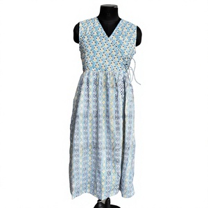 Vestido Maxi Acampanado Estampado Azul/Índigo con Cuello en V Floral, Estilo Anarkali Étnico, Ecológico, ODM - Product Image 2