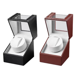 Automatic Square PU Leather Watch Winder <b>Box</b> with Flip Top Design Transparent Window <b>Black</b> Brown Leather Exterior for Use - Product Image 1