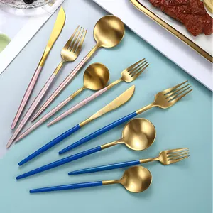 핫 세일 웨딩 대여 스푼 이벤트 포크 나이프 스테인레스 스틸 매트 골드 블루 flatware 블랙 식기 5pcs 세트 핑크 칼