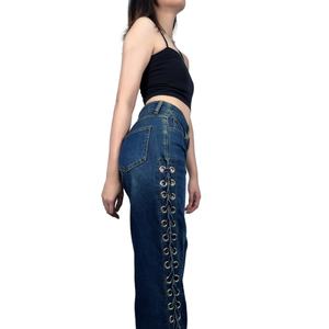 Pantalones Largos de Mezclilla con Diseño Personalizado, Cintura Media, Abertura Lateral, Tiras de Encaje, Estilo Flare, Sexy y Elegantes, con Abertura Alta y Cordones para Mujer - Product Image 6