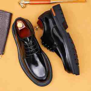 2025 New Arrival Men's Genuine Leather Shoes Chunky Sole British Business Casual Breathable Lace-Up Patchwork Wedding Shoes - Product Image 3