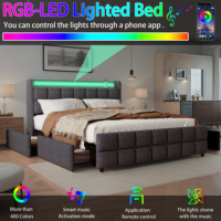 Cadre de lit en tissu gris beige avec lumières LED RGB synchronisées à la musique, station de charge USB Type C et 4 grands tiroirs de rangement Queen Full