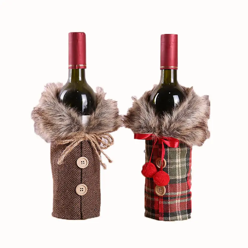 Christmas decorations new wine bottle cover holiday decorative props bow burlap fur collar red wine bottle set Business Gifts