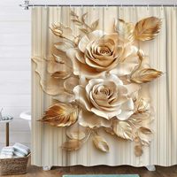 Rideau de Douche en Tissu Luxe Élégant, Motif Floral 3D Moderne Minimaliste Abstrait, Fleurs Blanches et Feuilles Dorées