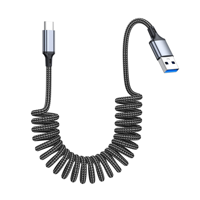 60W 1M USB 2.0 a to C PVC 0.6M Spring Retractable Cord Fast Charging Dual-purpose Computer Laptop CarPlay Projection Phone Cable