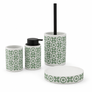 Juego de Baño de Resina con Diseño Floral Verde Estilo Mediterráneo, Accesorios con Patrones y Acabado de Arenisca Blanca - Product Image 1