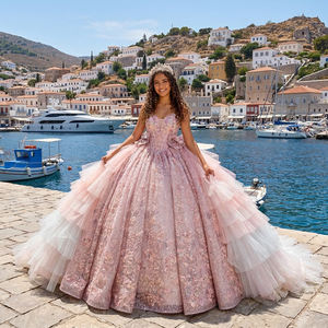 Vestido de Quinceañera Lsmc132 Rosa, Vestido de Tul con Apliques de Flores y Lazo, para Fiesta de 15 o 16 Años, Jancember - Product Image 1