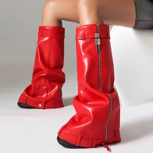 Wide Fit Big Size 48 Women <b>Round</b> <b>Toe</b> Overlay Shoes Lady Lock Shark Booties Cowgirls Zipper Thick Soles Knee High Boots - Product Image 5