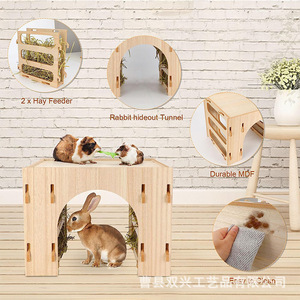 Wooden Rabbit Hutch With <b>Hay</b> <b>Feeder</b> And Tunnel For Small Pets Durable Mdf Easy To Clean - Product Image 1