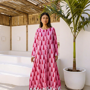 Vestido Largo de Verano Casual con Estampado Floral Rosa, Cintura Natural, Manga Larga, Corte Holgado y Estilo Romántico - Product Image 1
