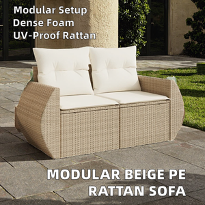 Sofá Modular de Jardín Beige, Resistente a los Rayos UV, de Mimbre Sintético, Dos Plazas, Muebles de Exterior, Espuma de Alta Densidad, Cojín Impermeable, Estilo Contemporáneo - Product Image 2