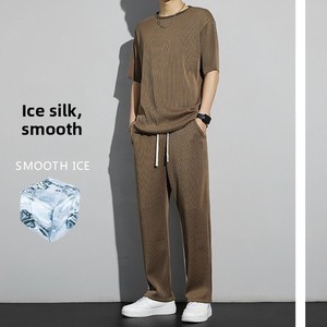 <span class=keywords><strong>Pantaloni</strong></span> <span class=keywords><strong>Lunghi</strong></span> Estivi da Uomo Casual alla Moda a Gamba Dritta Sportivi Vestibilità Ampia Tinta Unita con Top a Maniche Corte Leggeri Versatili - Product Image 2