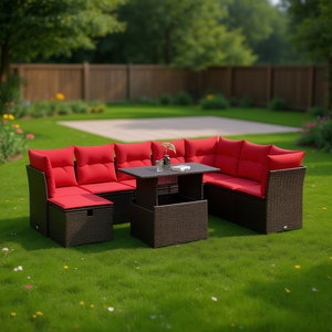 Brown Poly <b>Rattan</b> Garden <b>Sofa</b> Set 9 Piece With Cushions Outdoor Furniture Contemporary Design - Product Image 2