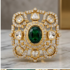 925 Silver Green Stone Kundan <b>Ring</b> with <b>Gold</b> Finish Elegant Adjustable Jewelry for Women Fashion Geometric Design Jewelry - Product Image 4