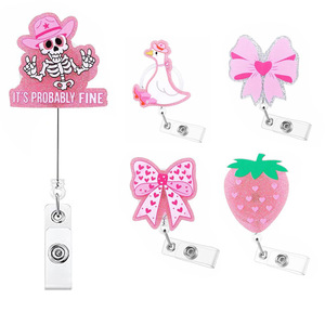 In stock: Glittery easy-open retractable <b>snap</b> acrylic strawberry badge <b>clip</b>, pink goose breast tag <b>clip</b>, rotating alligator - Product Image 4