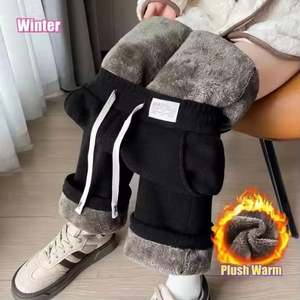 Pantalones Cálidos de Felpa Gruesa para Mujer, Pantalones Largos Rectos de Pana, Pantalones Casuales con Cordón y Cintura Alta a la Moda para Mujer - Product Image 1