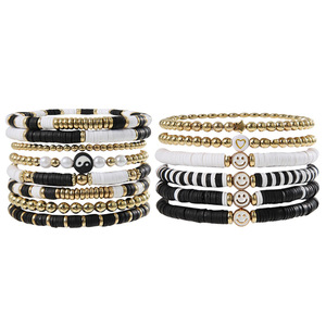 Black And <b>White</b> Polymer Clay <b>Bracelet</b> Set Smile Face Beaded Women Fashion Jewelry Ethnic Style Summer 2023 Yiwu Origin - Product Image 5