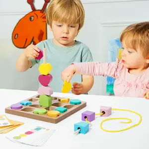 3 In 1 Montessori Geometry Shape Sorting Game Educational Shape Matching Board Column Toy Wooden Threading Toys For Kids