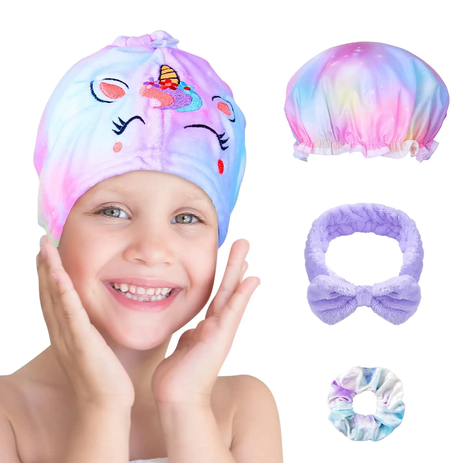 Handuk Rambut Serat Mikro Unicorn Kepala Handuk Kering Set dengan Topi Mandi Kerut Rambut dan Ikat Kepala untuk Mencuci Wajah Rambut Basah