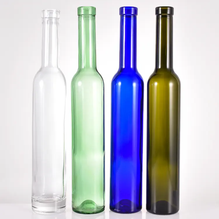 Colore alto sottile bottiglia di liquore in vetro nero da 375ml blu belle bottiglie di vino rotonde con chiusura in legno