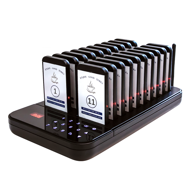 Cafe Queue 1 Base 20 Buzzers Rechargeable Waterproof Vibrating Wireless Paging Beeper Coaster Calling System Pager Restaurant