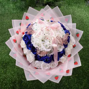 Factory wholesale festival strawberry frame translucent waterproof flower bouquet wrapping paper DIY gift packaging