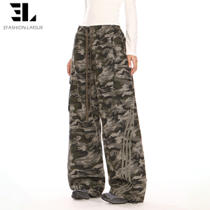 Pantalon cargo imprimé camouflage en sergé personnalisé LARSUR, patchwork, bandes latérales, pantalon ample droit à lacets, pantalon pour femmes - Product Image 4