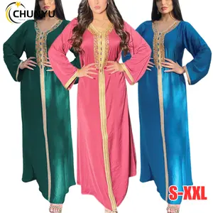 Women's Embroidered Hot Diamond Long Sleeve Muslim Maxi Dress Dubai Turkish Abaya Moroccan Kaftan Fancy Eid Collection