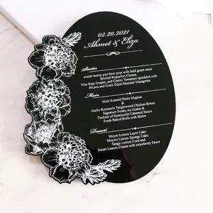 Carte de menu en acrylique noir de conception créative avec motif floral et impression personnalisée cartes d'invitation personnalisées cartes de table