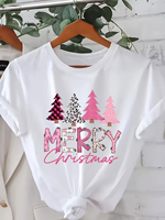 T-shirt d'été pour femme, col rond, ample et surdimensionné, en coton peigné respirant et écologique, imprimé personnages Joyeux Noël