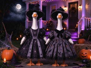 Déguisement d'oie d'Halloween pour porche, ensemble robe imprimée toile d'araignée et corbeau avec chapeau de sorcière, décoration de jardin extérieur pour les fêtes - Product Image 1