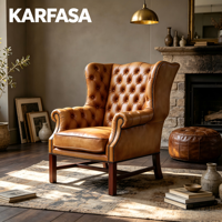 Fauteuil Chesterfield à dossier haut en cuir pleine fleur, capitonné, avec garniture cloutée, pieds en bois massif, pour salon et bureau à domicile
