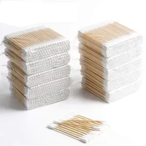 100 adet tek kullanımlık günlük kullanım bambu ahşap kağıt sopa çift uçlu pamuk swablar ahşap bambu pamuk tomurcukları